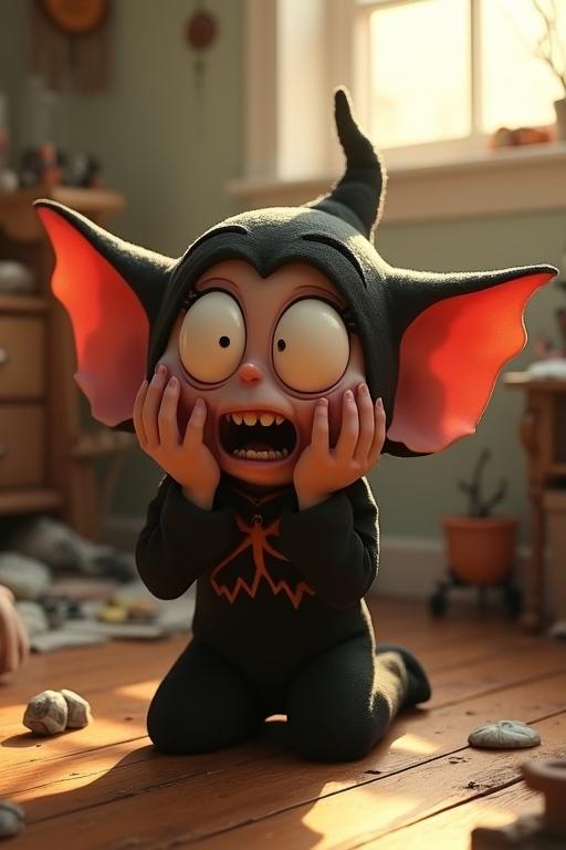 A 3D cartoon character with oversized eyes and huge ears in a Halloween costume. The character kneels with hands on cheeks, expressing shock in a cluttered bedroom. Sunlight comes through the window. The character has an exaggerated shocked expression. Sharp little teeth are visible.