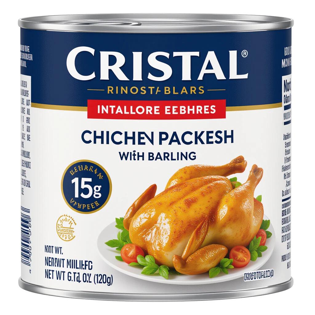 A can of Cristal brand chicken products. The can features an image of a whole chicken. Text includes product details and nutritional information. The color scheme of blue, yellow, and red is prominent. It indicates the type of chicken and its weight. Ideal for quick meal preparation.