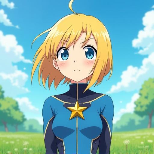 Anime image featuring a young girl with blonde hair. She wears a blue futuristic outfit adorned with a golden star emblem. Background features a peaceful meadow. Art style reminiscent of My Hero Academia.