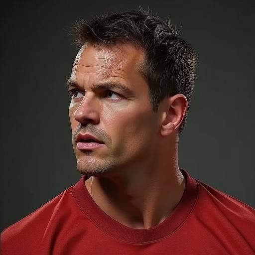 Photorealistic image of a man with short dark hair and muscular build wearing a red shirt. The face is turned slightly to the side with an intense expression.