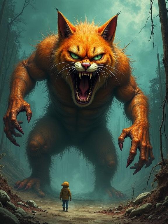 A terrifying giant cat monster with an exaggerated head and grotesque features. The creature is in a dark forest setting, appearing menacing and vocal. The atmosphere is eerie and unsettling.
