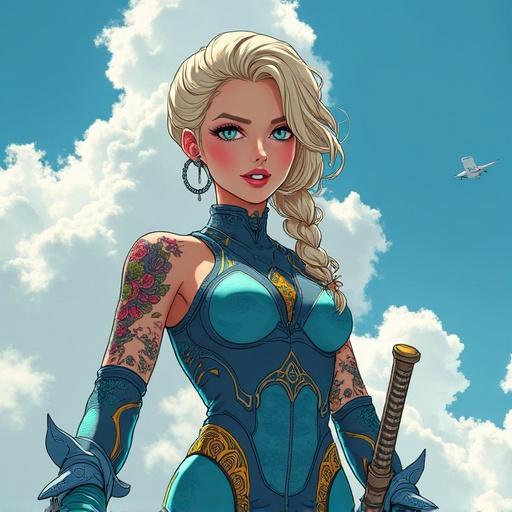 Futuristic anime character with a beautiful face and oversized light blonde braid. She has frosted blue eyes and colorful tattoos. Wearing a modern ninja bodysuit with a katana on her back. Exhibiting a psychotic grin while flying in the sky.
