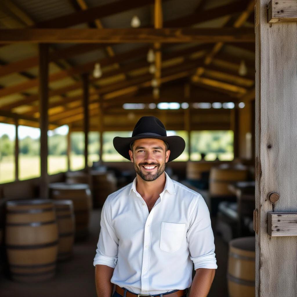 A man around 30 years old stands in a farm barn. He has light brown skin and is wearing a black hat. The interior of the barn is visible with wooden barrels around.