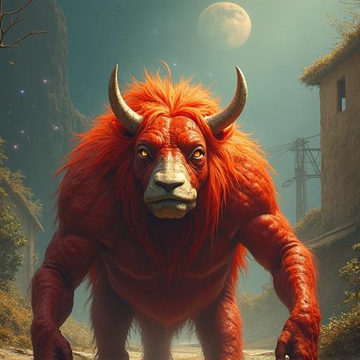 A large, mythical creature resembling a lion with vibrant red fur stands menacingly in a mystical landscape with a moon in the background. The creature has a powerful build and large horns. Surroundings are misty with a sense of magical realism.