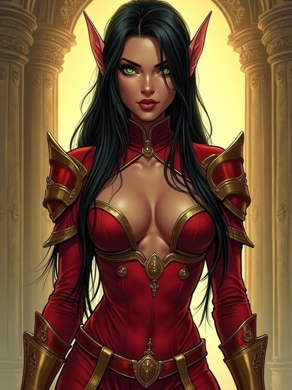 A beautiful female blood elf with long black hair glowing green eyes and upward-pointing elven ears. Wearing revealing red armor with ornate gold trim. Confident and alluring expression. Background has ancient elven architecture with pillars and golden light. High detail fantasy comic book art.
