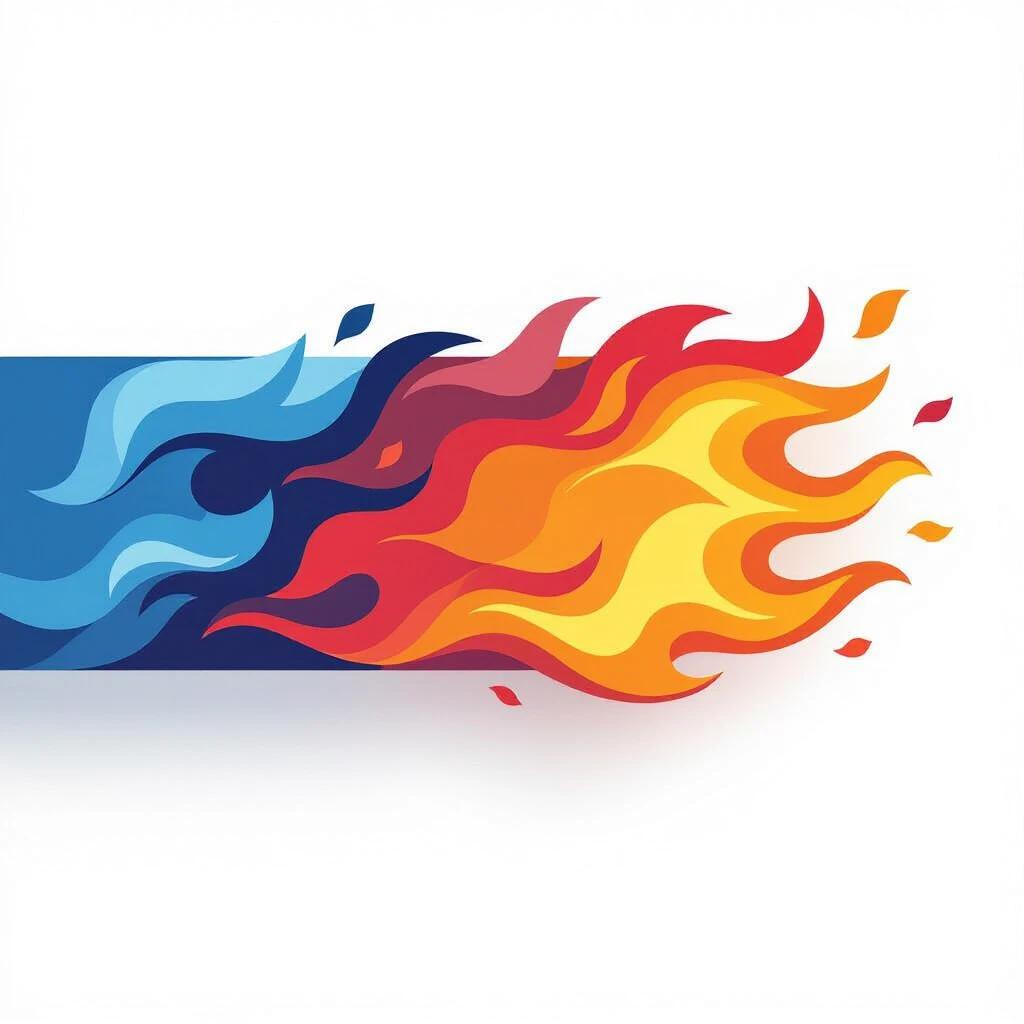 A vector artwork showing a gradual transition from blue to red with stylized flames. The left side is blue representing coolness while the right side is red with flames indicating heat. Simple shapes and a clean look make it suitable for vector art. The background is white and uncluttered.