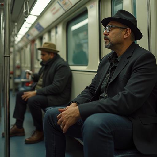 A 40-year-old man in a subway car in Buenos Aires. He is dressed in smart casual clothes. He looks seriously at a Venezuelan rap singer performing.