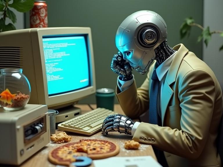 A retro-futuristic office with a robot in an ill-fitting suit. Robot is hunched over a 1990s PC and looks distressed. A mess of pizza, soda cans, and floppy disks surrounds it. A goldfish swims in a bowl. A dying plant in the corner. Lighting is harsh and unflattering. High resolution.