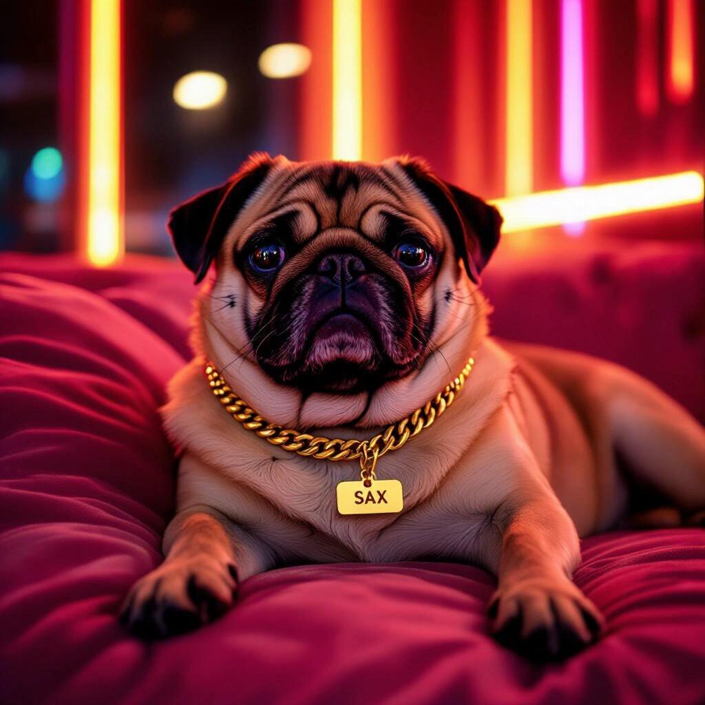 Dark raw photo of an old fat pug relaxing at night in a neon luxury suite. The pug wears a gold chain with a name tag that says SAX.