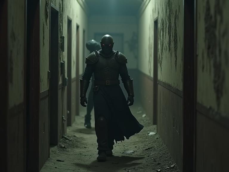 Walking armored figure in a ruined hallway with a shadowy creature behind. The scene conveys horror and builds tension. Shallow depth of field adds focus on the figure.