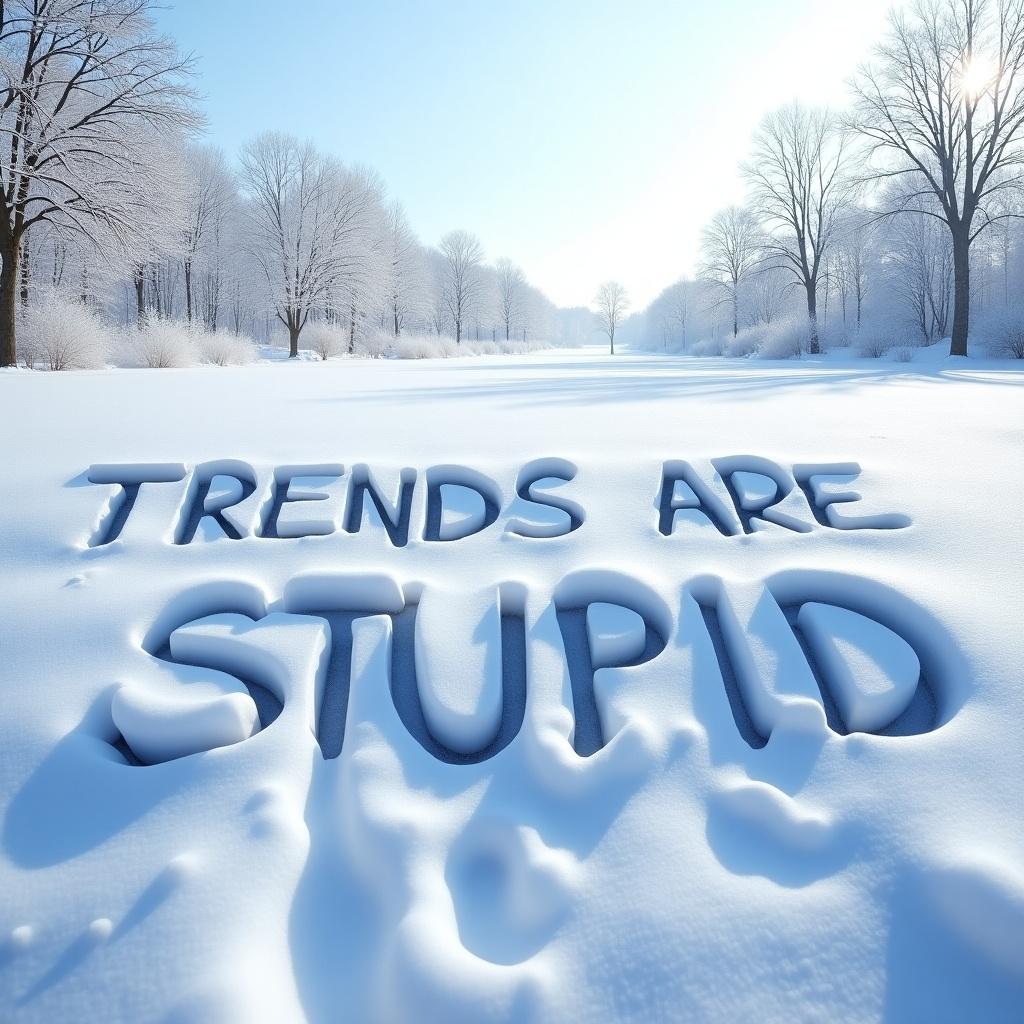 The words 'Trends are Stupid' written in snow on a winter landscape