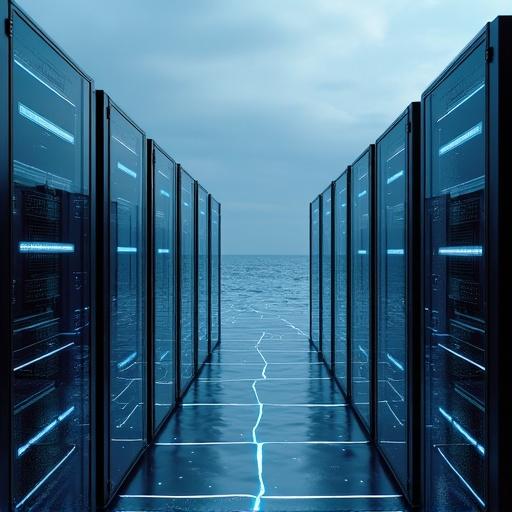 Futuristic depiction of servers and a network set on the High Coast of Sweden. Servers aligned in two rows with an ocean view in the background. The scene features blue lighting and a digital aesthetic.