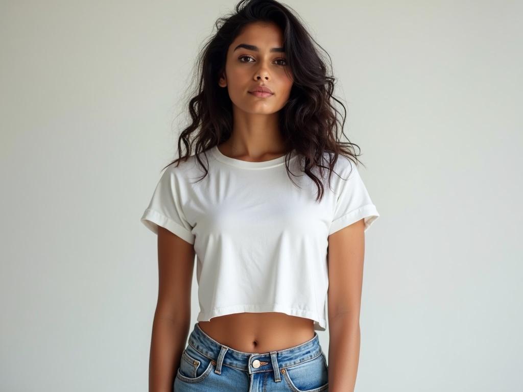 A young woman stands confidently facing the camera. She is wearing a white cropped t-shirt paired with baggy low-rise jeans. Soft light highlights her features against a neutral background.