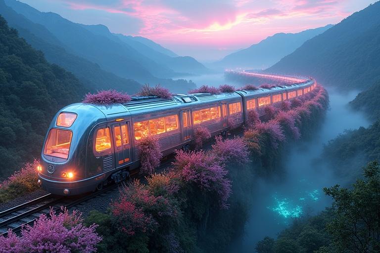 Photograph of a surreal train resembling a mythical serpent. Train covered in flower vines glowing with pastel colors. Glass roof and windows show glowing interior with plants and water. Railway in natural beauty with rivers and bioluminescent flowers. Mountains pulsing with light and mist swirling around. Sky filled with pastel colors and lights.