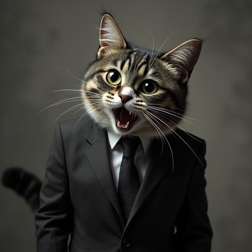 Semi-realistic cat wearing a suit. Dark shading covers the face. Eyes are wide in panic. Tail is bristled.