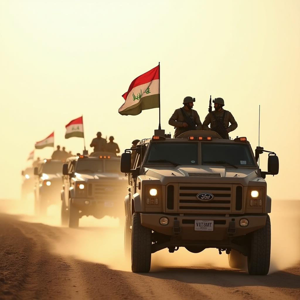 Image of a convoy of armored military vehicles with Iraqi flags in a dusty desert. Soldiers are on the vehicles prepared for action. Bright sunlight highlights the scene against a dusty background. The convoy represents the Pakistan army in a tactical arrangement showcasing readiness and power. Dust trails behind indicate movement and urgency.