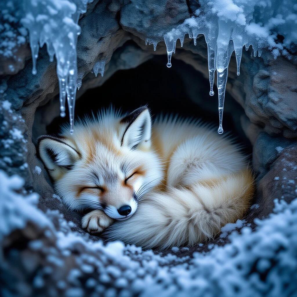 Adorable arctic fox cub sleeping in a cozy rock cubbyhole surrounded by icicles at night. Captured in deep vibrant colors emphasizing the serene winter setting.