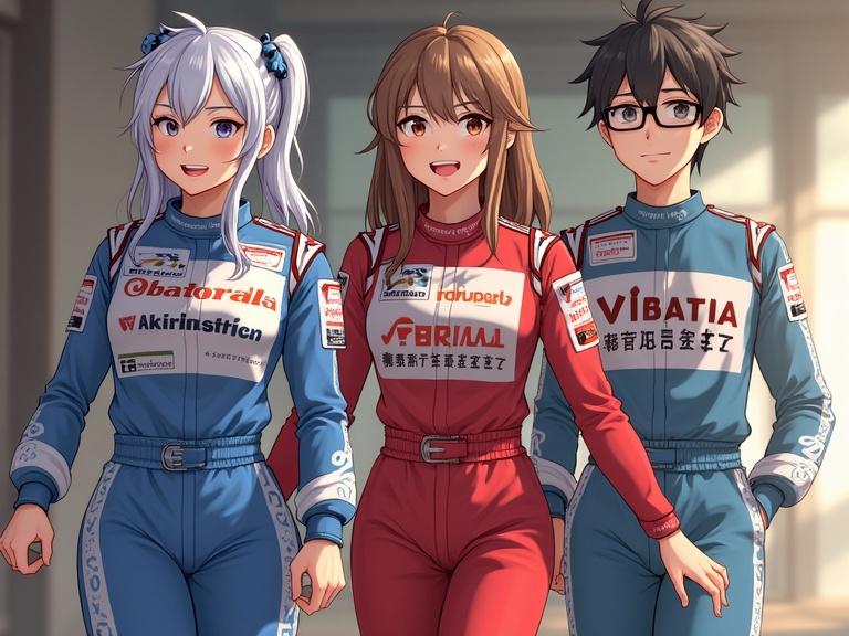 Three characters in racing suits stand together. They are ready for a race. Characters have different hair colors and styles. The background suggests a racing environment.