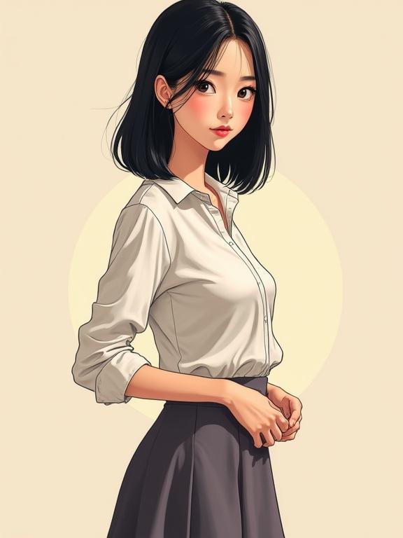 Full body portrait of a young female teenager. Features include almond-shaped eyes, small nose, narrow mouth with thin lips, and pale skin. Hair is straight and black. Dress includes a silk blouse and knee-length skirt. Background is trendy. Style is modern with soft lighting and smooth lines.