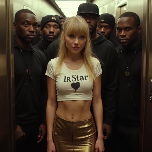Filming a scene in a crowded elevator featuring an attractive woman with long blonde pigtails. She wears a tight v-neck cropped t-shirt. The shirt says 'IR STAR'. A fitted gold miniskirt and high heels complete her outfit. Group of men surround her as she poses for selfies. Bright lighting highlights the scene.