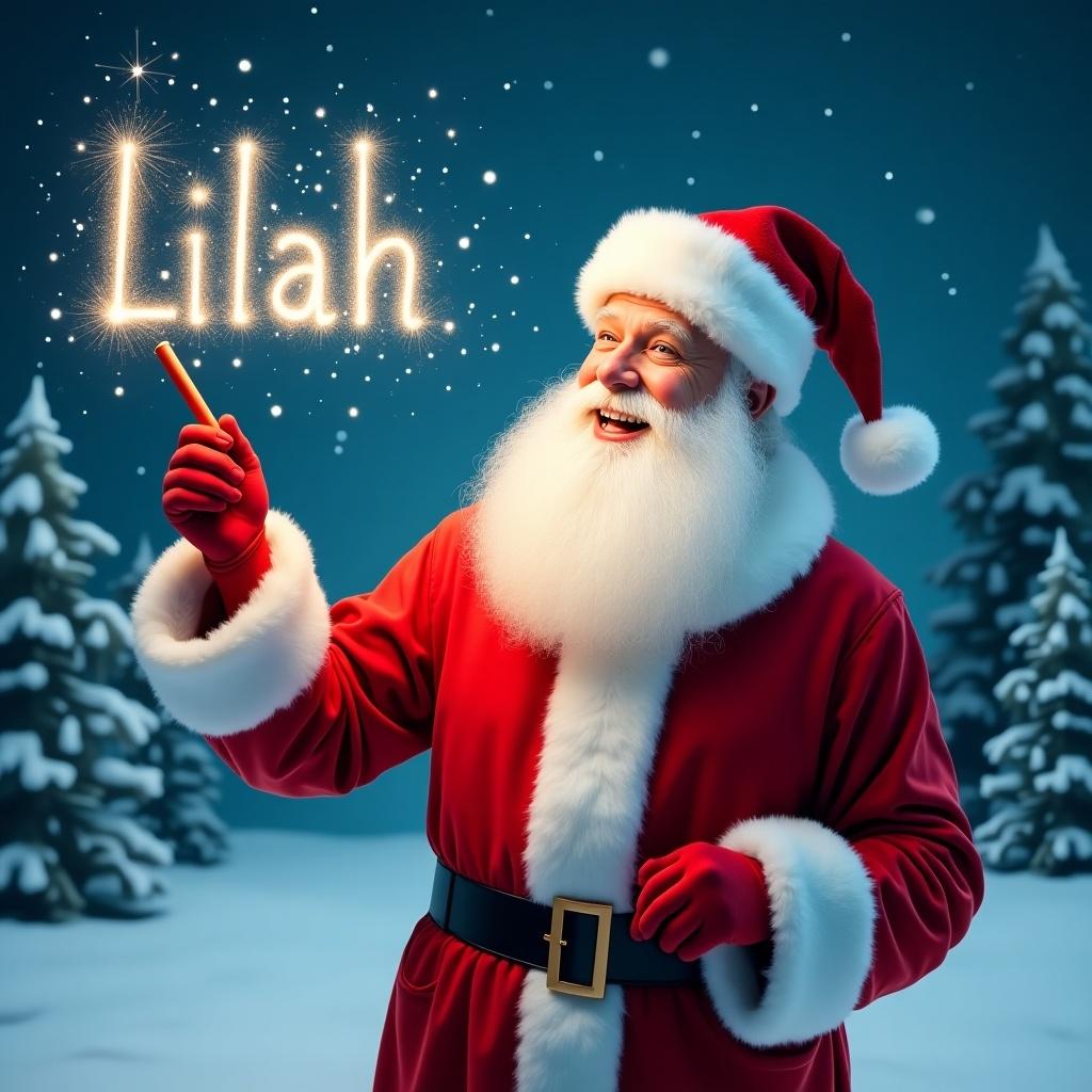 Jolly Santa Claus in a snowy landscape holding a magical wand with sparkles writing name. Classic red suit with white fur trim. Twinkling eyes. Snowy scene with evergreen trees and starry night sky.