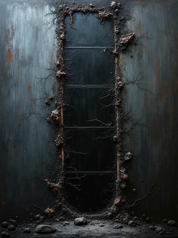 Dark textured oil painting featuring a vertical film strip that is heavily corroded and decayed. Visible stitched repairs hold torn edges together with missing chunks. Black acid corrosion spreads along the edges. An eerie industrial mood is created with high contrast and harsh brush strokes.