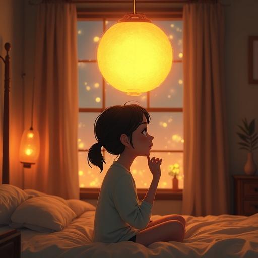 Animated lady sitting in cozy bedroom. Thinking expression. Warm nightlights shining through window. Creating nostalgia and comfort. Yellow orb light flickering above.