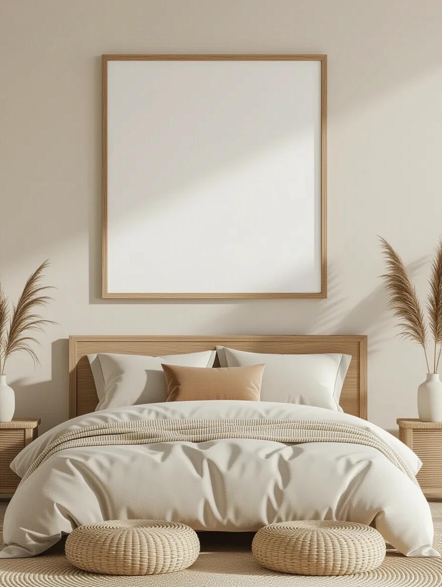 Realistic mockup of bedroom interior with wooden picture frame above bed. The frame is A3 size and centered on the wall. Inside the frame is a flat white surface. Room has soft natural lighting, light-colored walls, calm and minimalist interior style. Sand-colored textiles and earthy-toned furniture. Two large potted plants and subtle modern furniture included.