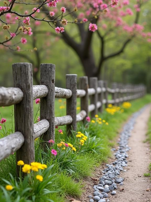 Decorative rustic fence along a path in a natural setting. Weathered wooden posts and rails with colorful wildflowers. Small grey stones lining a dirt path. Trees with blossoms in the background. Peaceful springtime scene.