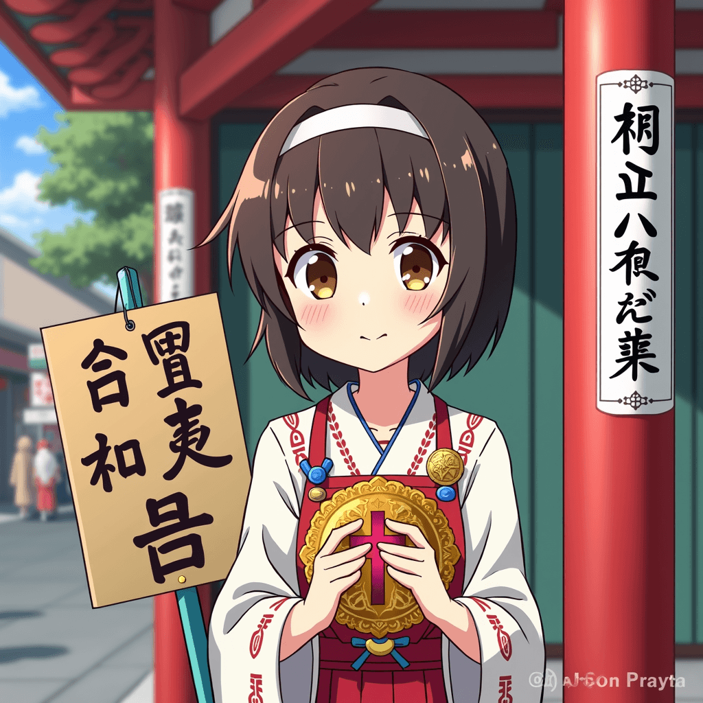 A cute anime character dressed as a shrine maiden standing in a picturesque temple setting.