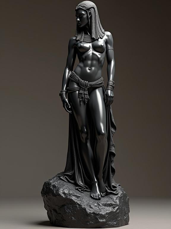 3D sculpture of a nude Egyptian god on a black lava base.