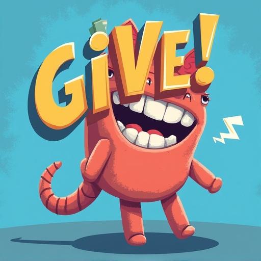 Create an engaging and lively cartoon character holding the word 'GIVE!' showcasing excitement. The setting has a bright blue background with prominent colors like red and yellow. This image should appeal to supporters of the socialfi project 'giverep' on the sui network.