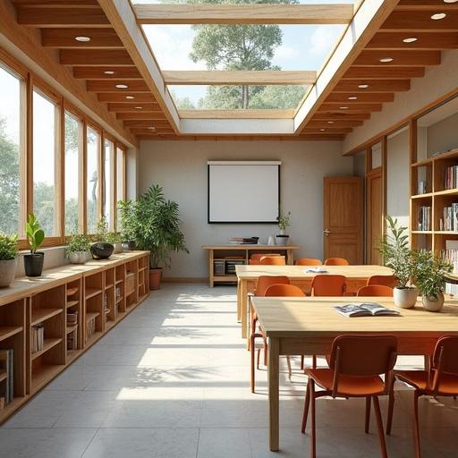 Classroom layout for 21 students with calm corner artistic corner reading corner and construction area. Includes bathroom terrace digital board storage teacher's desk and student tables grouped. Special seating for autistic student.