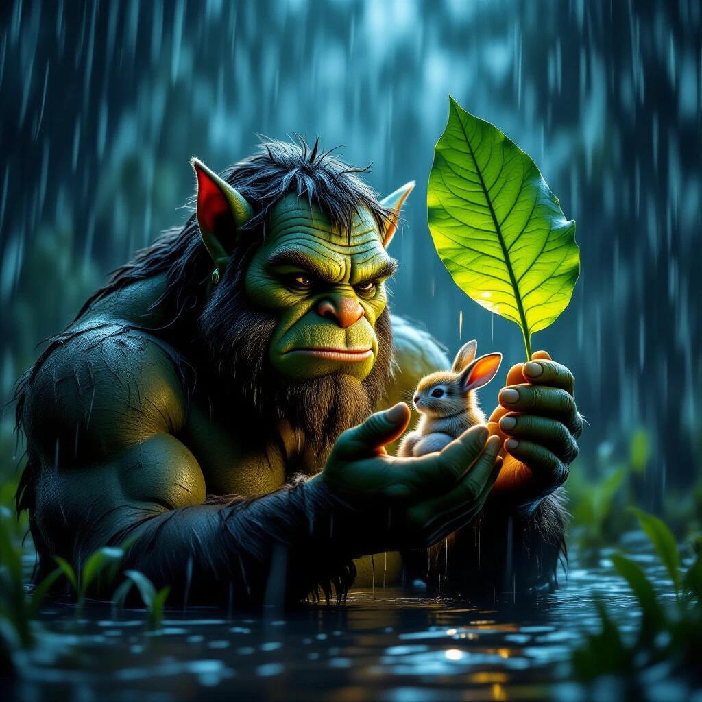A kindhearted ogre shelters a baby bunny from rain using a green leaf during a stormy night. The scene is dark with heavy rainfall and vibrant colors. It captures a wildlife moment with fantasy elements.