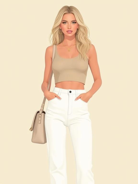 Woman standing with relaxed posture. She wears a beige crop top and white pants. A light beige crossbody bag rests at her side. Long blonde hair styled elegantly. Natural lighting illuminates the scene with a light beige background. Smooth skin details enhance realism. The illustration showcases intricate line work and flat colors, embodying a contemporary fashion illustration style.