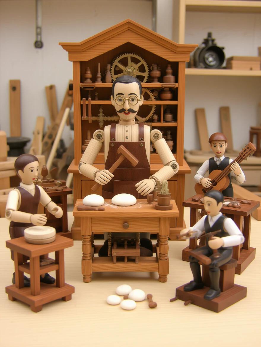 A photograph of wooden mechanical figures in an artisan workshop. The main figure is a clockmaker with moving arms. Other figures include a baker kneading dough, a musician playing a tiny piano, and a blacksmith with a hammer. Each figure is made from different types of wood. Delicate gears and springs are visible. The scene is warmly lit with workshop atmosphere. The composition angles three-quarter to highlight details and movements.