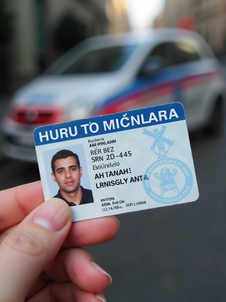 Detail of a police identification card in Netherlands. Card held in a person's hand. Background shows an indistinct police car. Focus on the card itself. Captured in good lighting with a clear view of the card information.