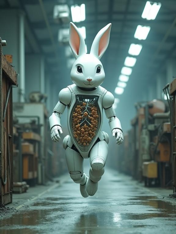 Giant white rabbit is mid-leap. Transparent torso displays biomechanical interior. Tiny humanoid robots rotate like blood cells. Setting is an abandoned factory with harsh fluorescent lighting. The floor is polished and wet. Rusty machinery is barely humming. No people are around. The vibe is sterile and surreal, slightly cold. Surveillance cameras observe but are unresponsive.