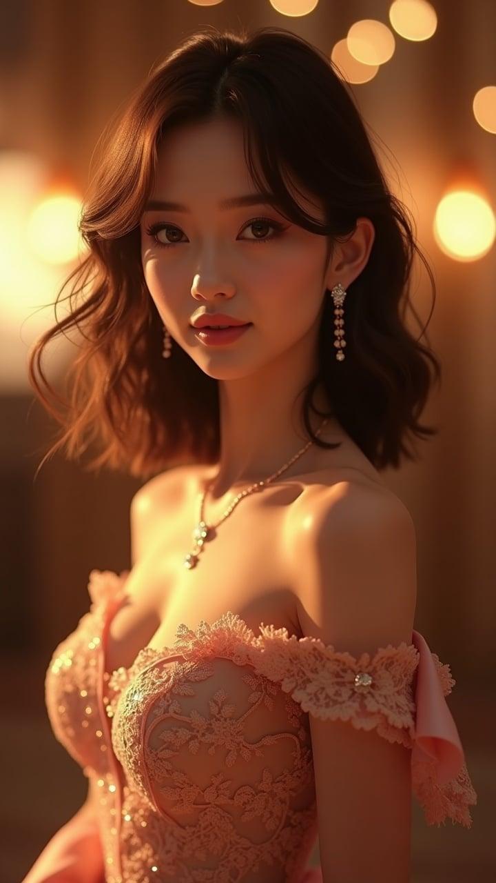 A stunning woman captured in a 4K cinematic still. She has shoulder-length glossy brown hair with sun-kissed highlights. Her almond-shaped eyes exude confidence. Flawless skin glows under cinematic lighting. She wears a luxurious off-shoulder evening gown, featuring intricate lace embroidery and a subtle thigh-high slit. Refined jewelry completes the look. The background is warm with soft bokeh lights, enhancing her elegance.