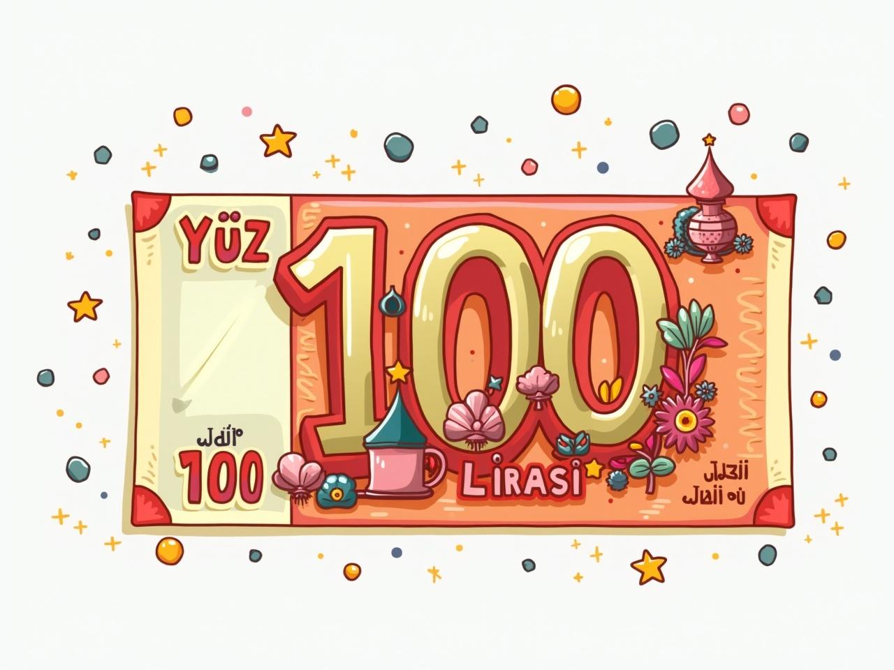 A cartoon-style illustration of a banknote featuring a large '100' in the center. The design includes vibrant colors with playful patterns and whimsical elements. There are stars and circles in the background, giving it a lively appearance. The banknote is labeled 'Yüz Türk Lirası' prominently. Additional decorative elements are scattered throughout, enhancing the fun and imaginative feel of the currency.