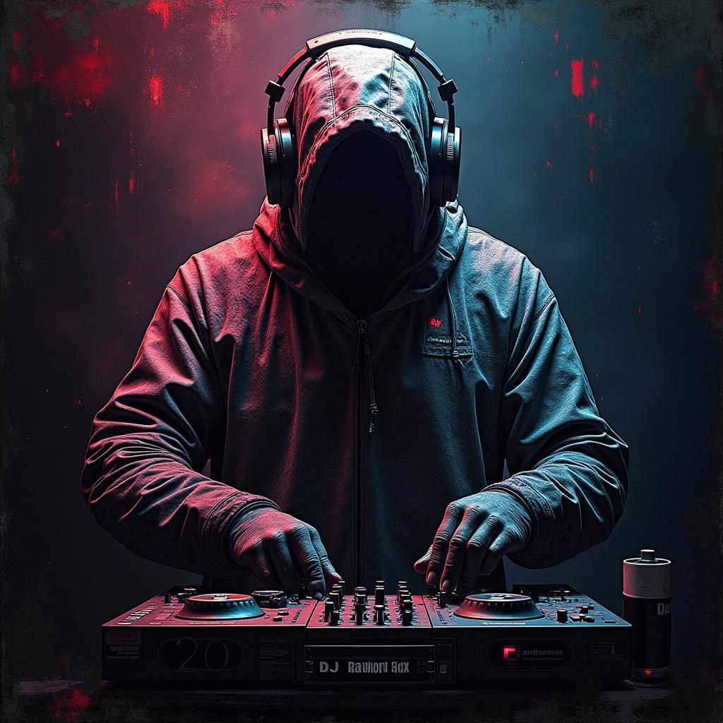 Dark and complex futuristic art for a music album cover featuring a hooded DJ with a controller and headphones.