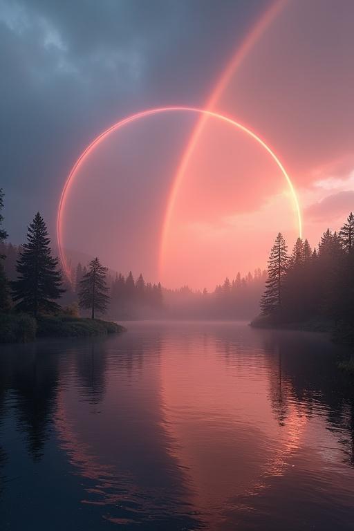 Serene landscape at sunrise. Rainbow arches over calm water. Trees surround the scene. Mist adds mystery. Soft light enhances colors.
