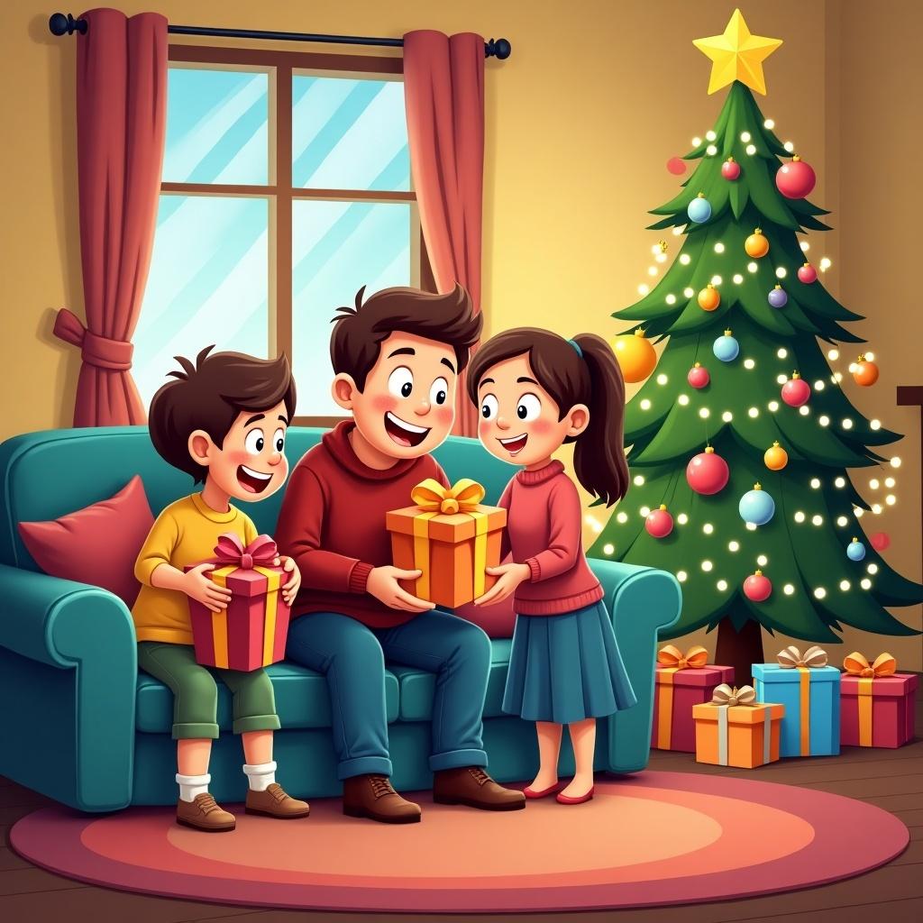 The scene depicts a cozy cartoon-style living room decorated for Christmas. A cheerful family of three exchanges brightly wrapped gifts, radiating joy. The living room features a vibrant Christmas tree adorned with oversized ornaments and twinkling lights. A welcoming fireplace adds warmth to the festive decor. Colorful presents are scattered around, enhancing the holiday spirit.