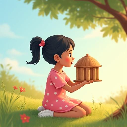 A warm flat-style children's book cover illustration featuring a young girl sitting on grass. She is holding a wooden house with a dome-shaped roof and five columns underneath. The house has no visible door. The girl has short black hair in a ponytail, wears a pink dress with white polka dots and white shoes. The scene has a soft blue sky, a tree in the background, flowers, and warm sunlight. The style is clean and child-friendly.