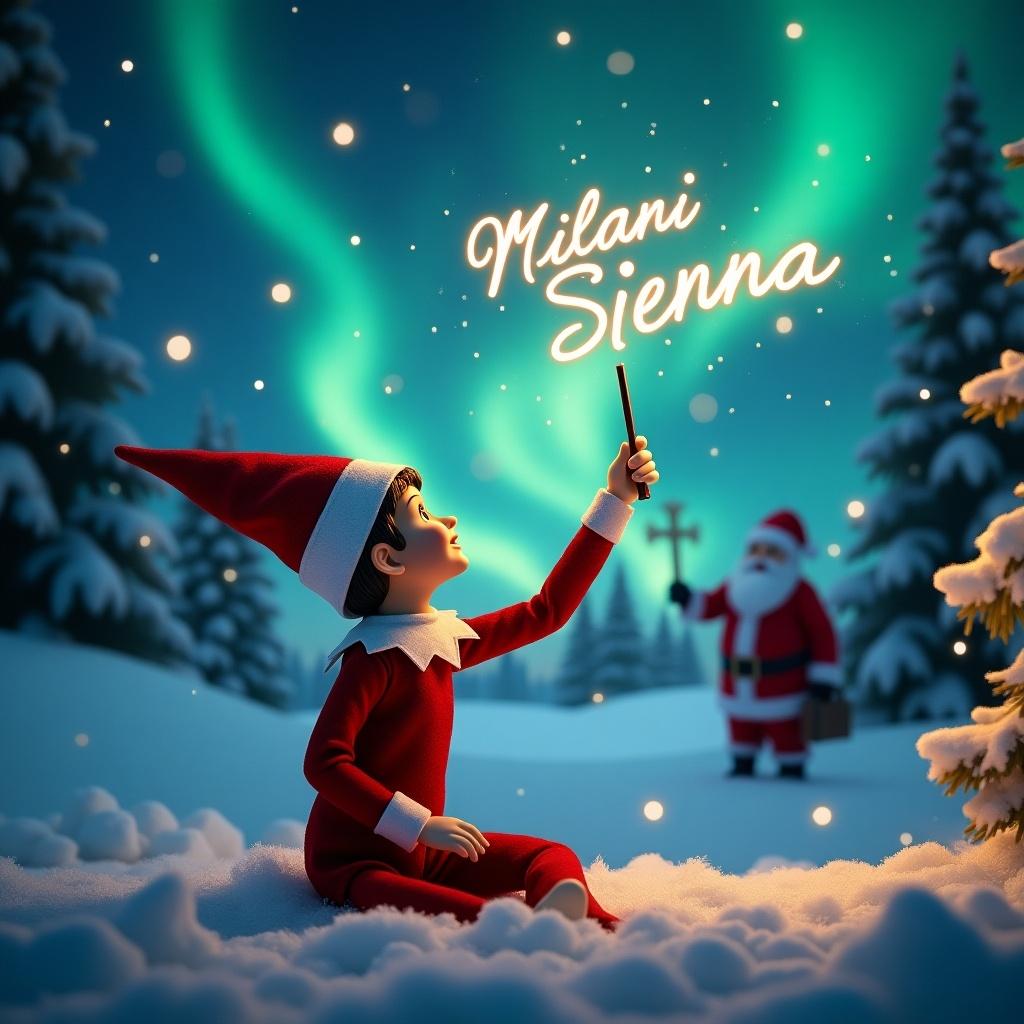 Enchanting Christmas scene with elf on the shelf. Elf gazes up while writing names in the night sky. Northern lights in background. Santa Claus in distance. Snow covers the ground creating a winter wonderland.