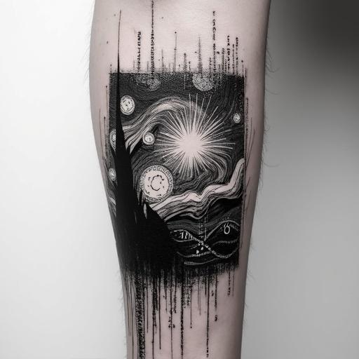 Tattoo concept featuring Van Gogh's Starry Night in a black ink fine-line engraving style. The art is within a rectangular border. Surrounding this tattoo are elements from The Matrix, represented as vertical streams of digital code. The bright star in Starry Night emits energetic lines of light that extend beyond the border, pushing back against the Matrix elements. The interaction zone shows the star's light distorting and shattering the Matrix code. The overall composition displays the struggle between reality and illusion in black ink style on a forearm.