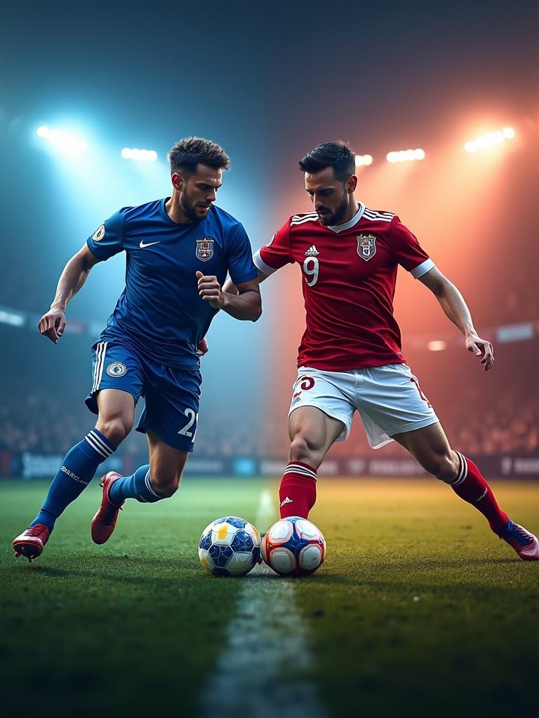 Teaser design of a strong football match. Show two players in dynamic action. One wears a blue jersey, the other a red jersey. They are competing for a football. Dramatic stadium lighting enhances the scene.