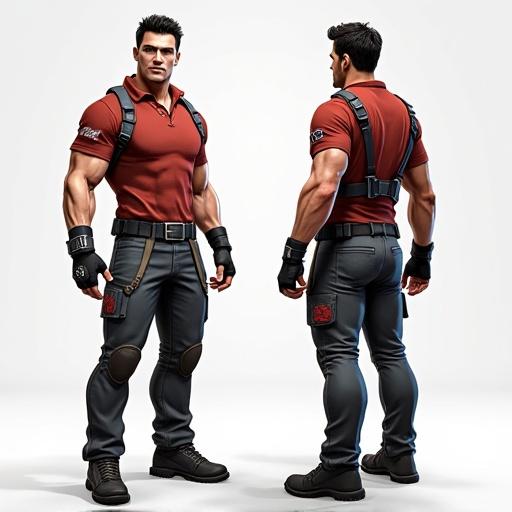Video game character displayed from the front and back. Character is muscular with a confident pose. Wears a red shirt and gray pants with black straps. Simple background emphasizes the character design.