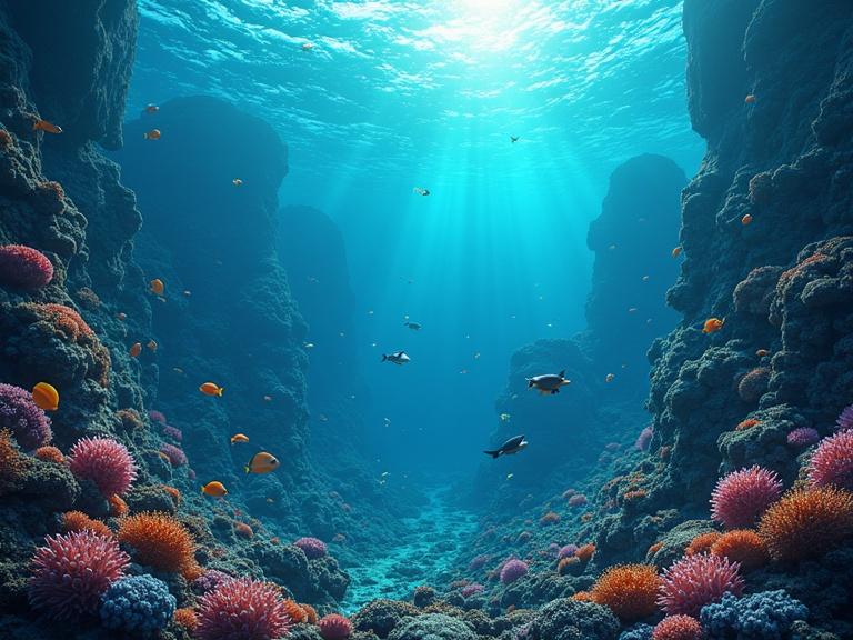 AI-generated underwater artwork depicting coral metropolis transitioning to abyssal depths. Features vibrant corals, neon fish, manta rays, and sea turtles. Explores bioluminescent creatures and hydrothermal vents in a sweeping, dynamic composition.