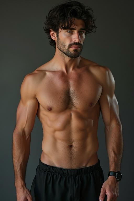 Tall handsome masculine man with dark hair and green eyes. Strong muscular build. Casual black shorts. Studio background.